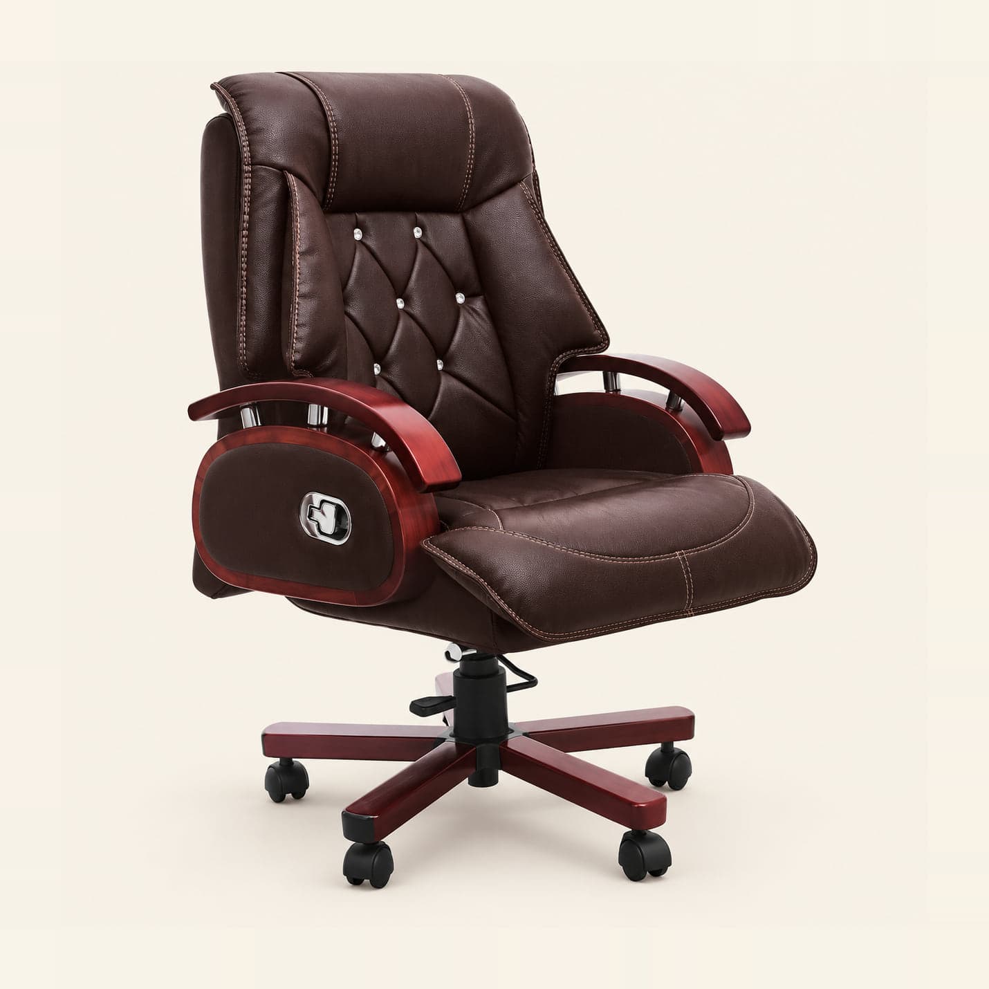 Tufted Boss Chair with Wooden Arms in dark brown, front three-quarter view