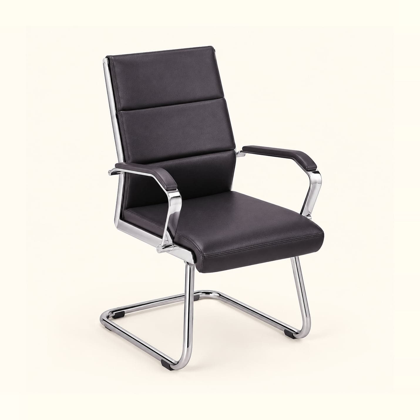 Panelled Visitor Chair with Chrome Arms in black, front three-quarter view