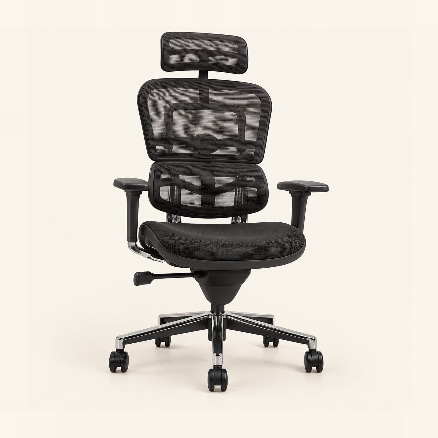 Ergonomic Mesh Chair with Headrest in black mesh, front three-quarter view