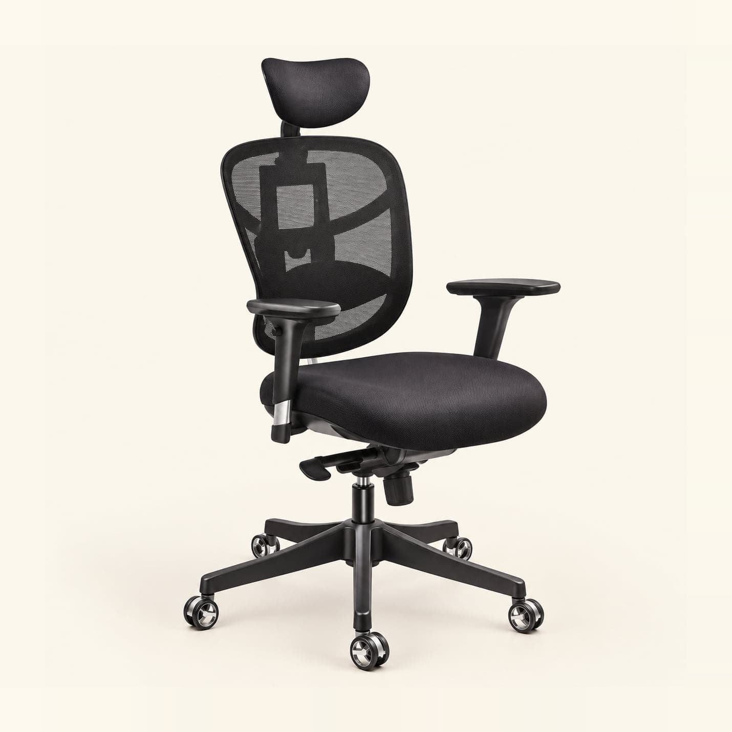 Chrome-Spine Mesh Chair with Headrest in black mesh, front three-quarter view