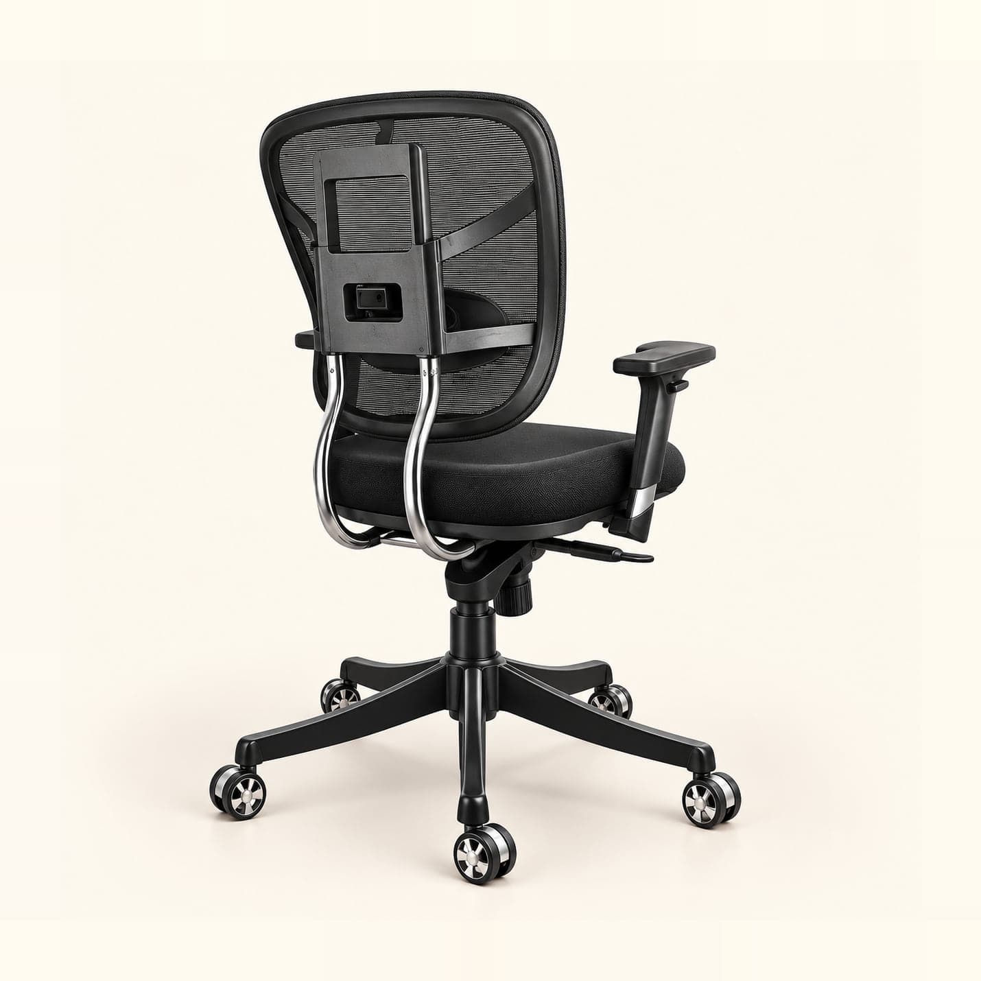 Chrome-Spine Mesh Chair in black mesh, rear three-quarter view