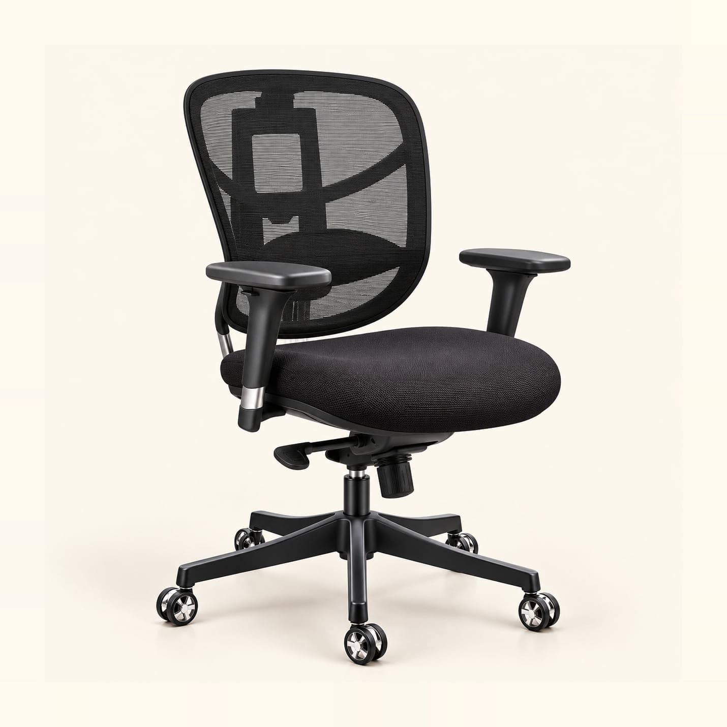 Chrome-Spine Mesh Chair in black mesh, front three-quarter view