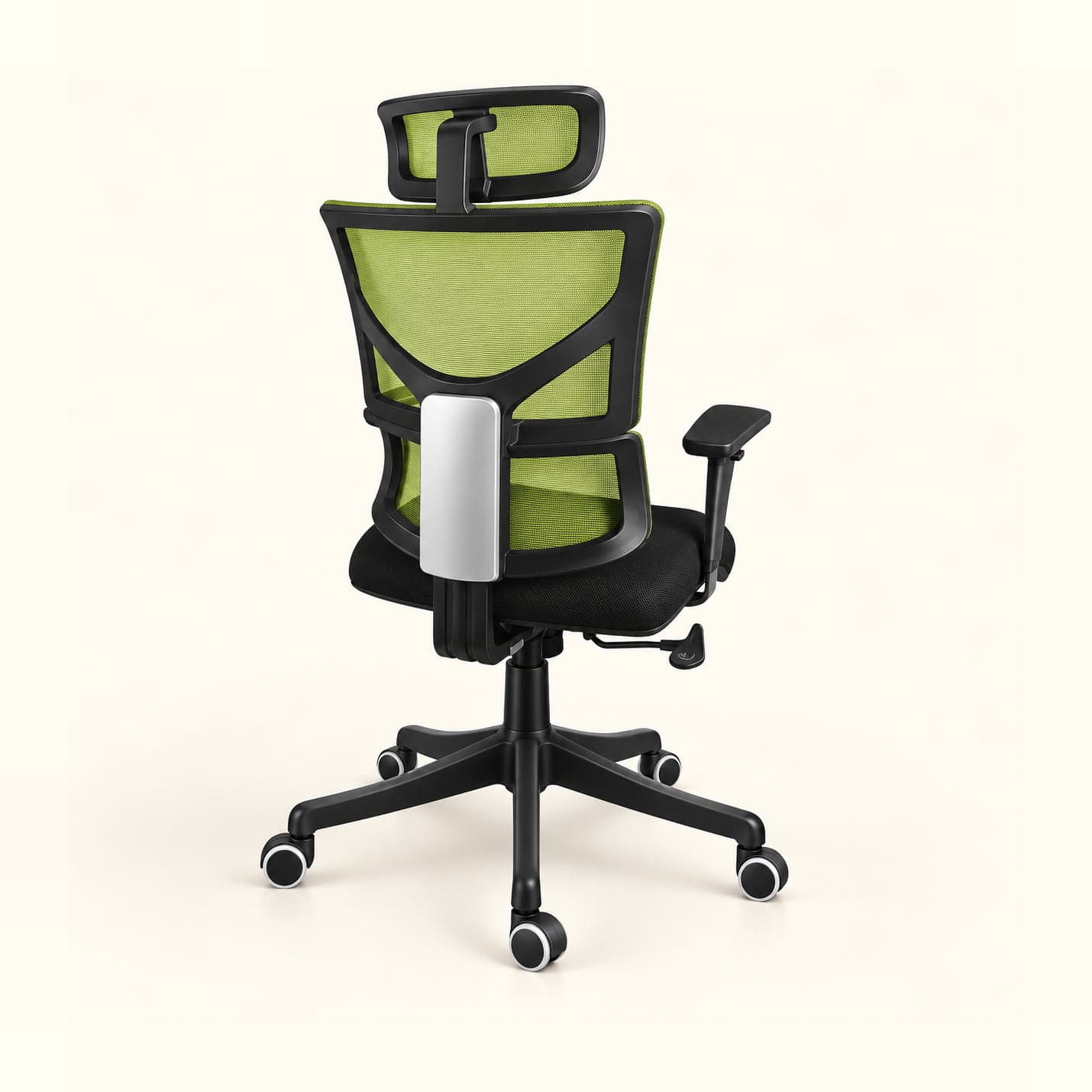 Silver-Spine Mesh Chair with Headrest, Green in green mesh, rear three-quarter view