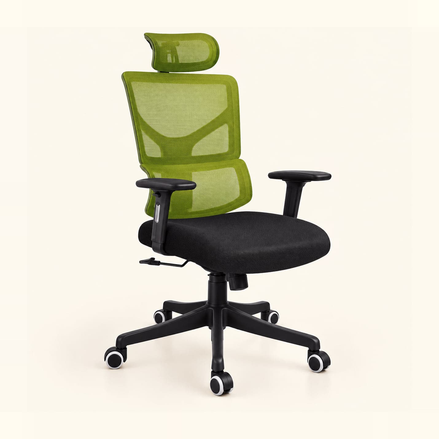 Silver-Spine Mesh Chair with Headrest, Green in green mesh, front three-quarter view