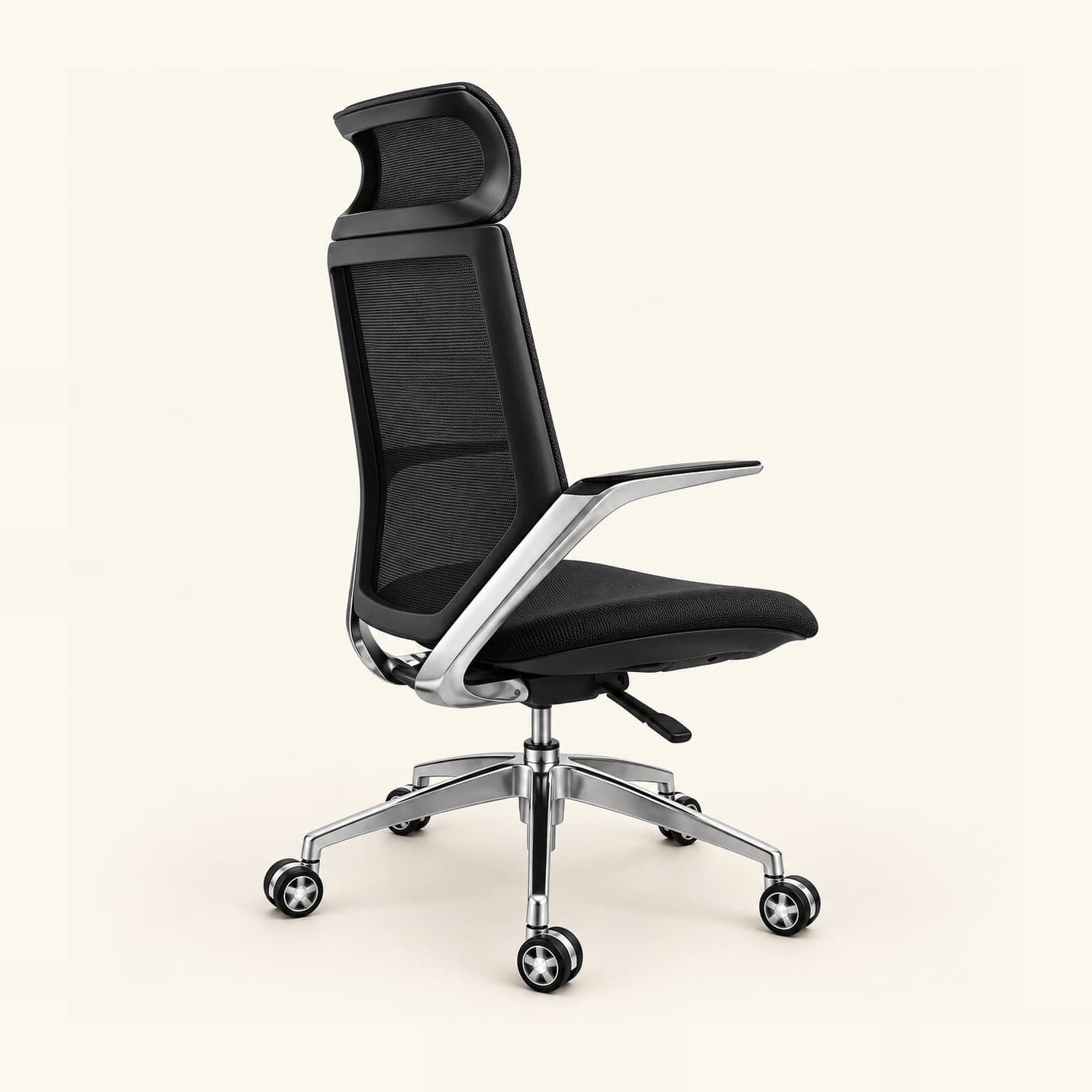 Aluminium-Frame Mesh Chair with Headrest in black mesh, side view