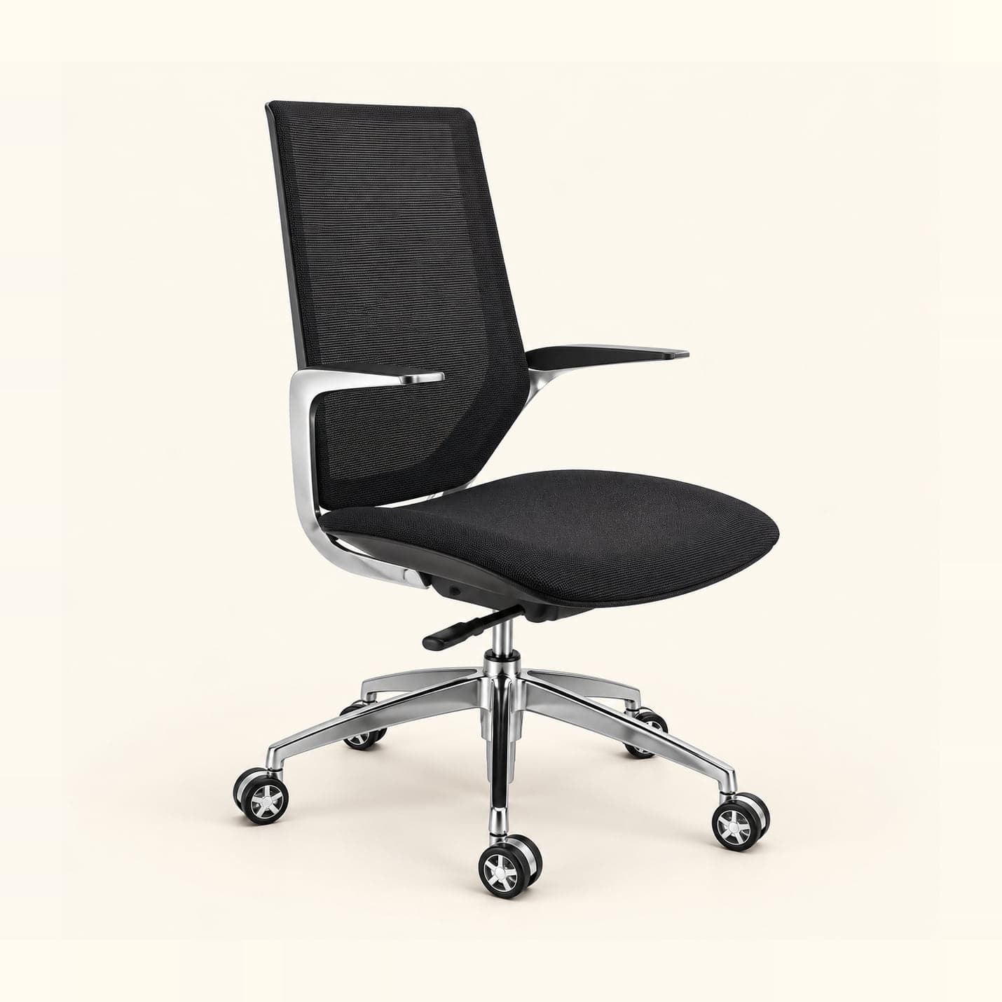 Aluminium-Frame Mesh Chair in black mesh, front three-quarter view