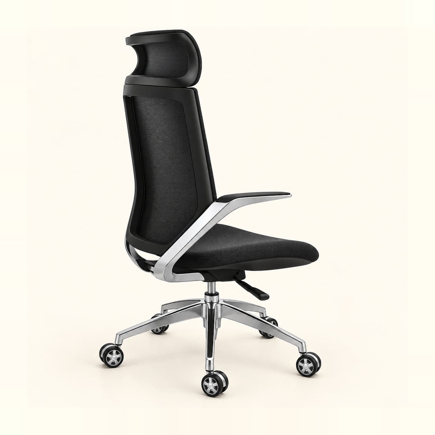 Aluminium-Frame Close-Weave Chair with Headrest in black close-weave fabric, side view