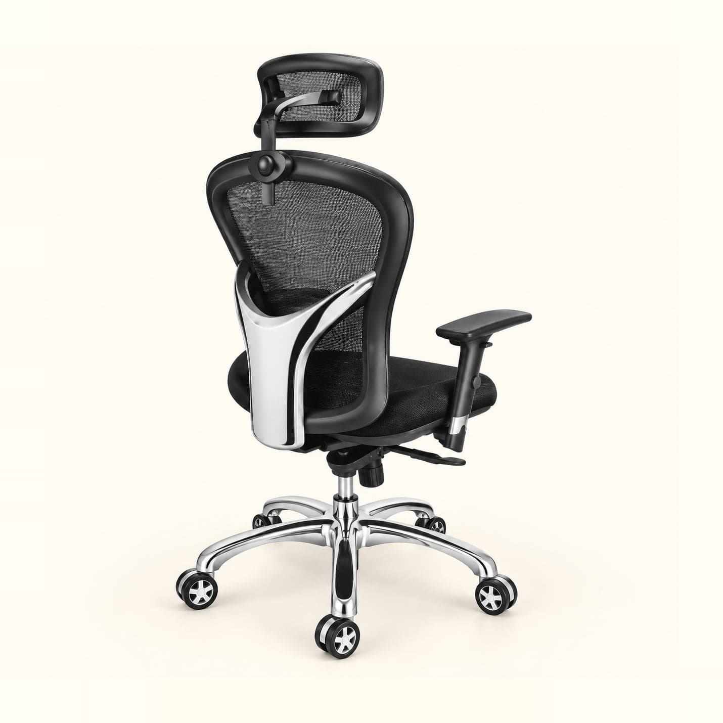 Wrap-Back Mesh Chair with Headrest in black mesh, rear three-quarter view