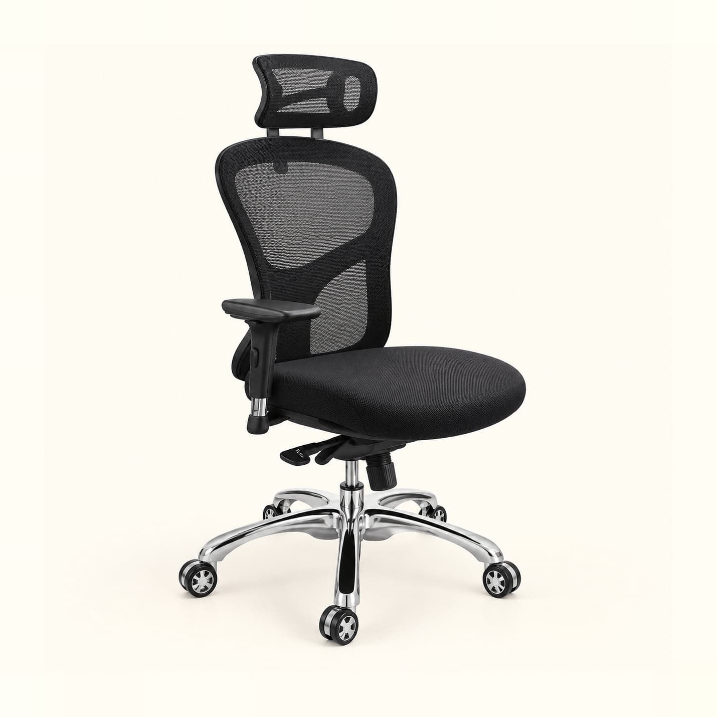 Wrap-Back Mesh Chair with Headrest in black mesh, front three-quarter view