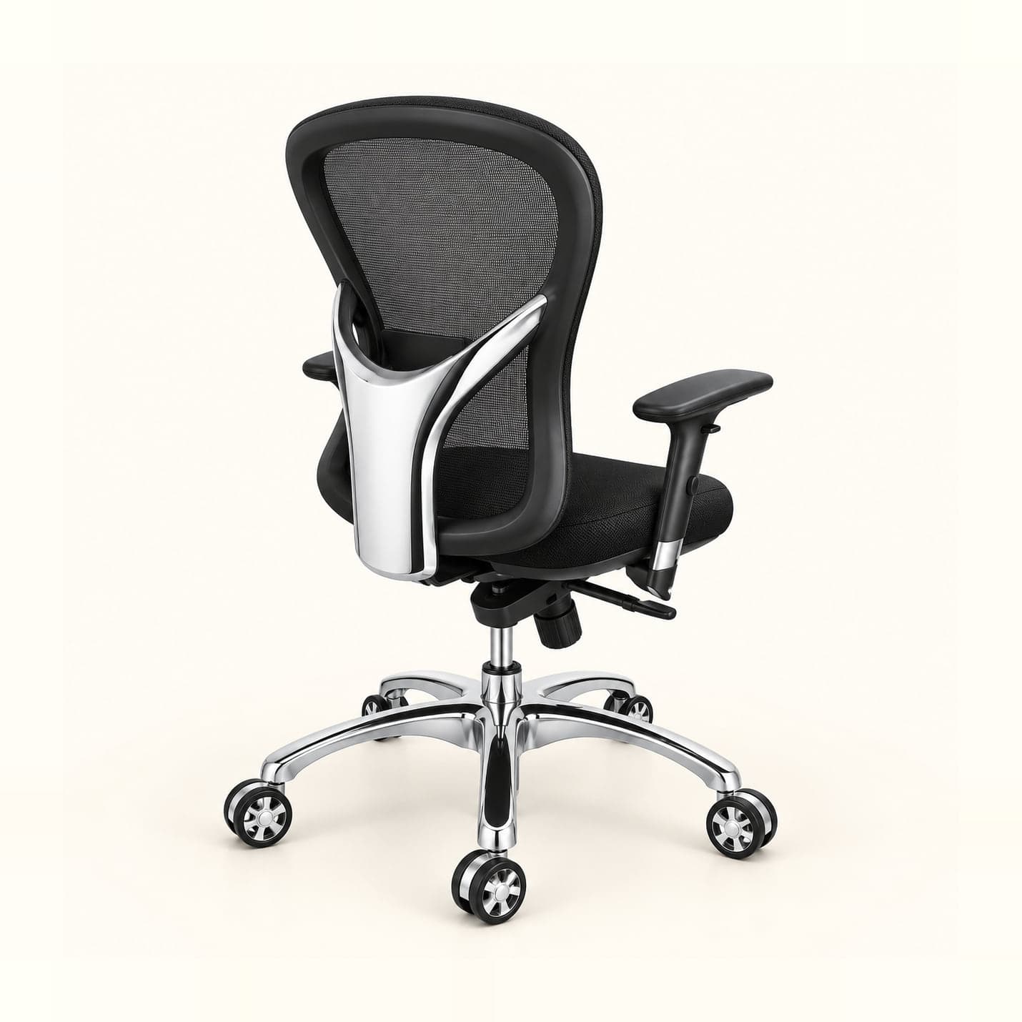 Wrap-Back Mesh Chair in black mesh, rear three-quarter view