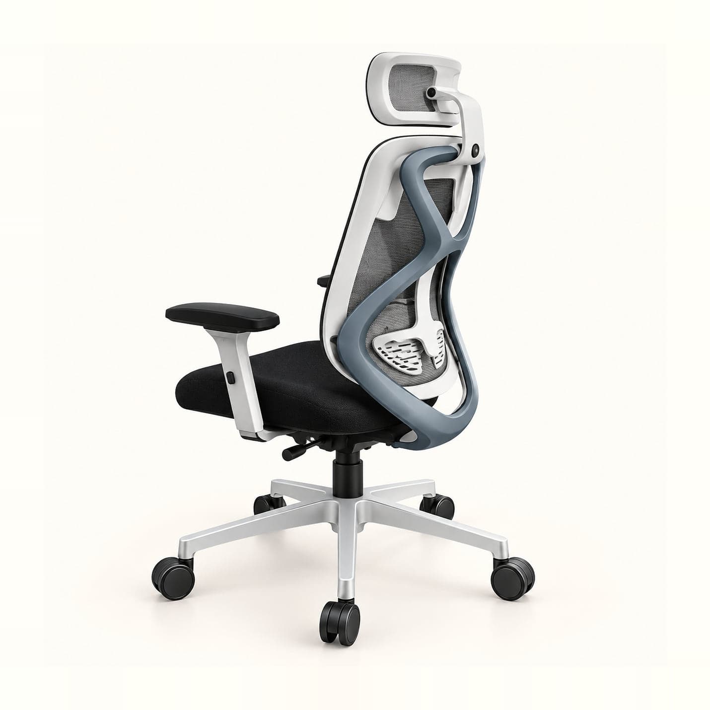 Sculpted-Spine Mesh Chair with Headrest in black mesh, rear three-quarter view