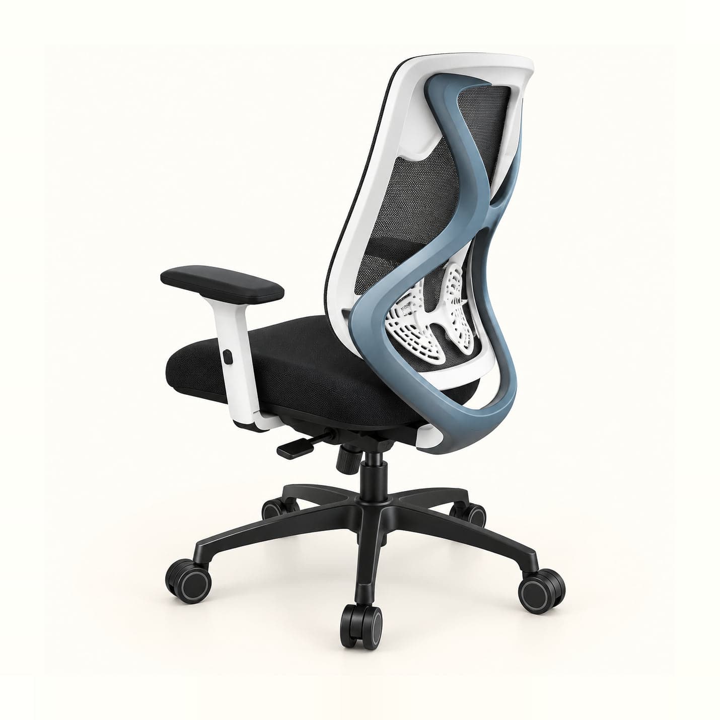 Sculpted-Spine Mesh Chair in black mesh, rear three-quarter view