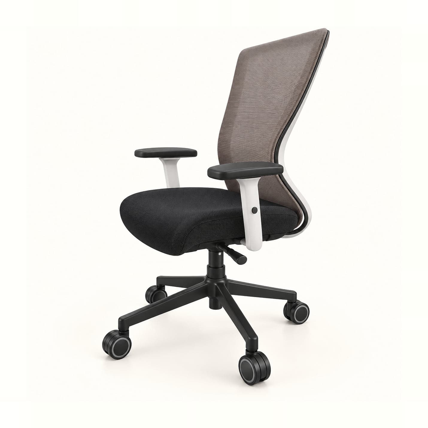White-Frame Mesh Chair, Taupe in taupe mesh, front three-quarter view