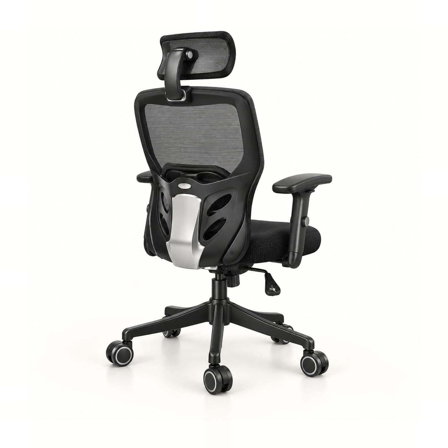Loop-Frame Mesh Chair with Headrest in black mesh, rear three-quarter view