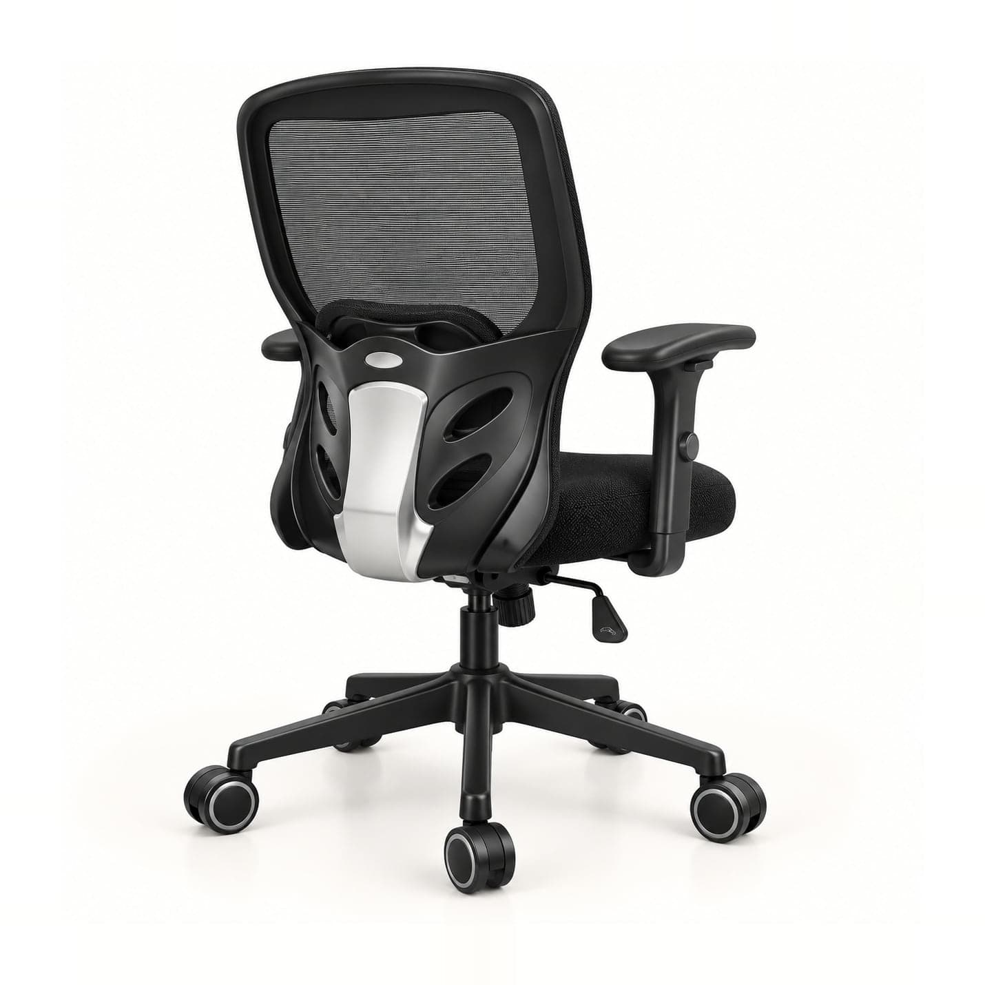 Loop-Frame Mesh Chair in black mesh, rear three-quarter view