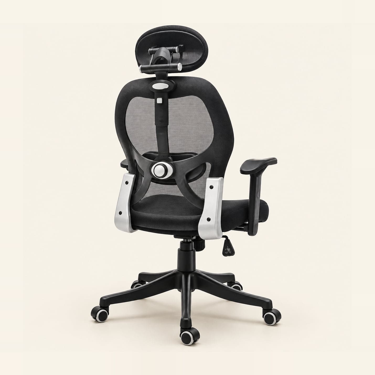 Lumbar-Dial Mesh Chair with Headrest in black mesh, rear three-quarter view