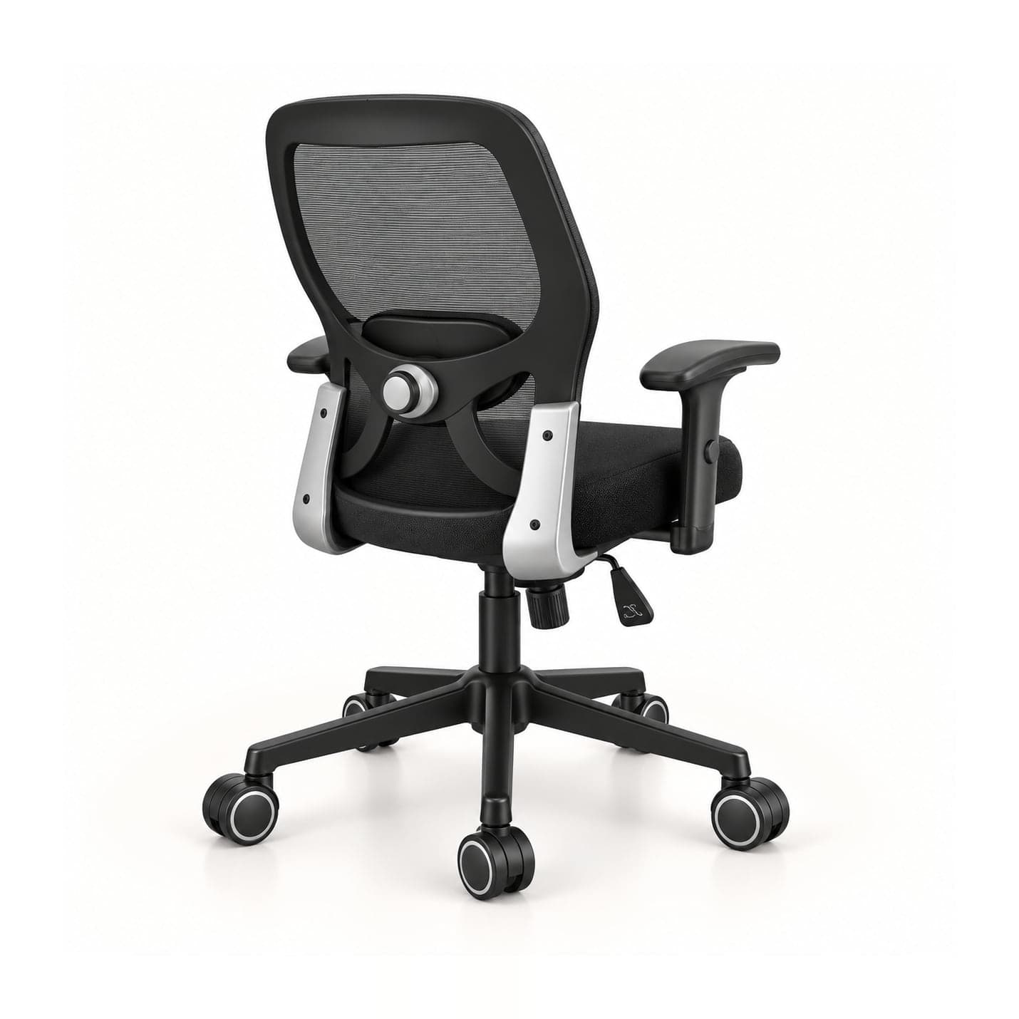 Lumbar-Dial Mesh Chair in black mesh, rear three-quarter view