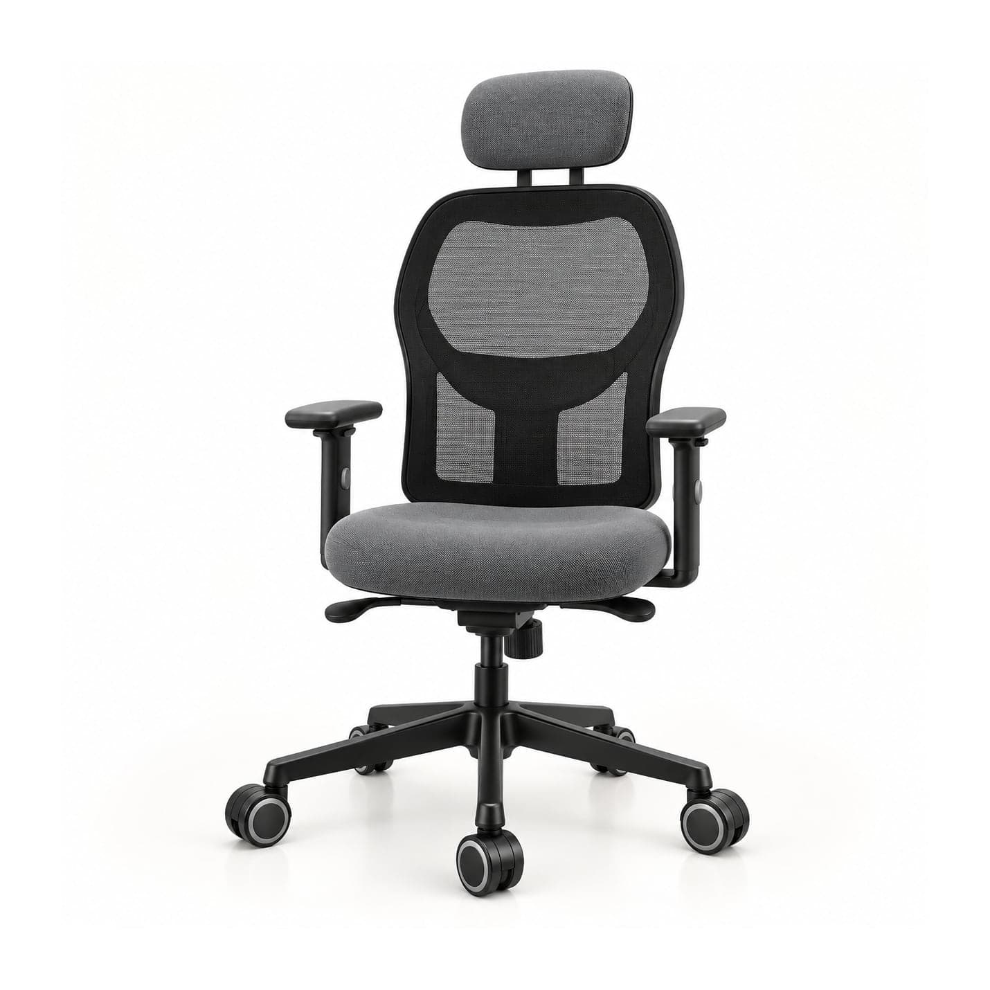 Panel-Back Mesh Chair with Headrest, Grey in black mesh and grey fabric, front three-quarter view