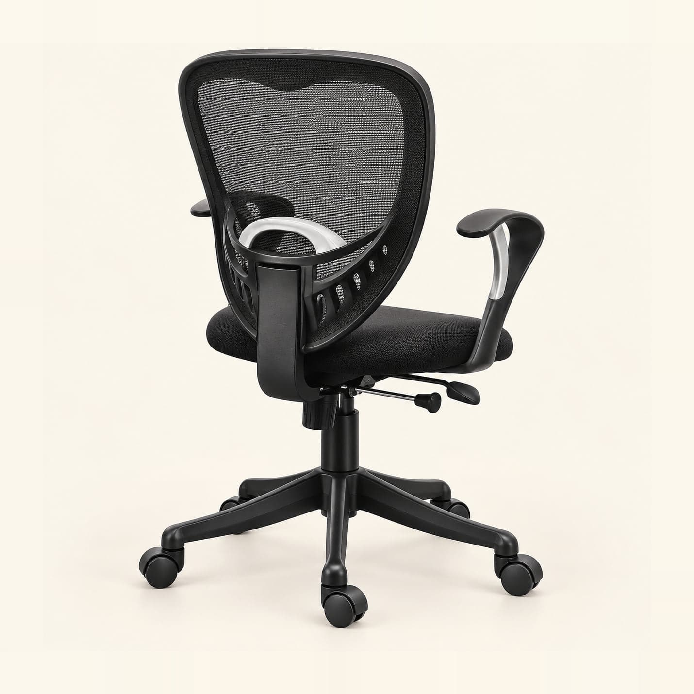 Shield-Back Mesh Chair in black mesh, rear three-quarter view