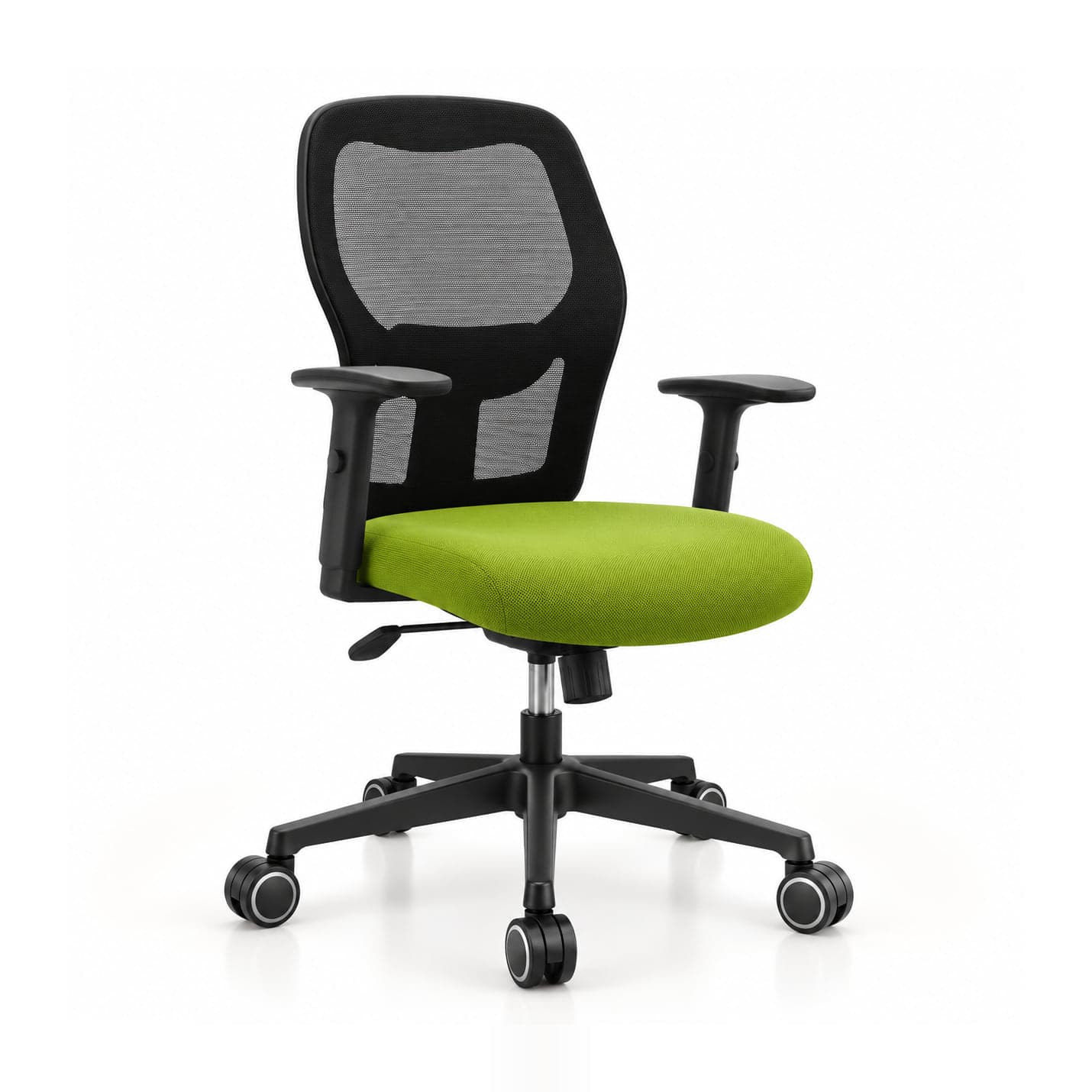 Panel-Back Mesh Chair, Green Seat in black mesh with a lime-green seat, front three-quarter view