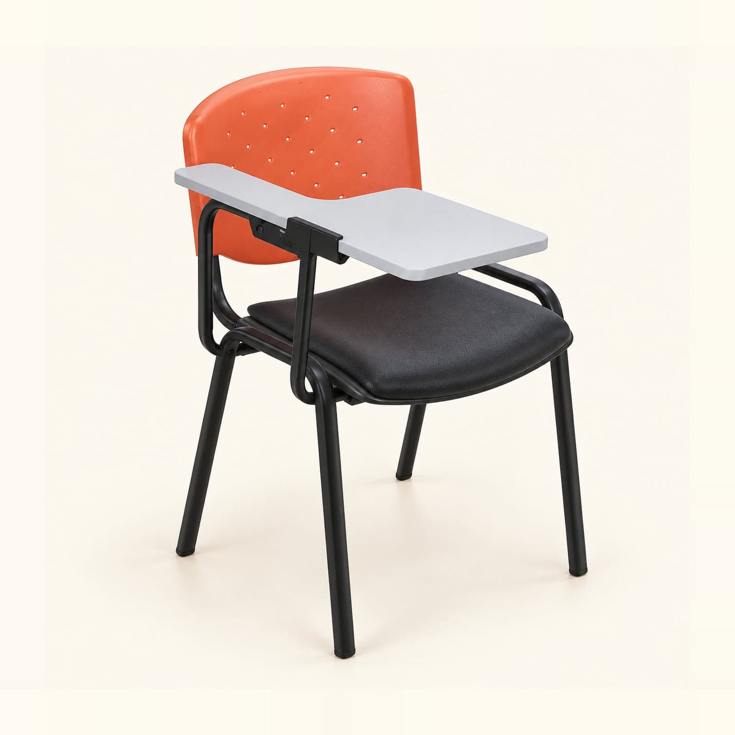 Perforated-Back Tablet Chair in orange and black, front three-quarter view