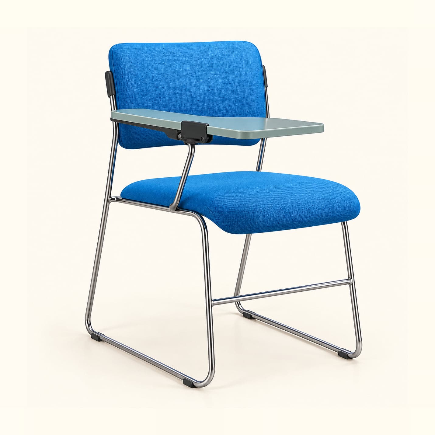 Sled-Frame Tablet Chair in blue fabric, front three-quarter view