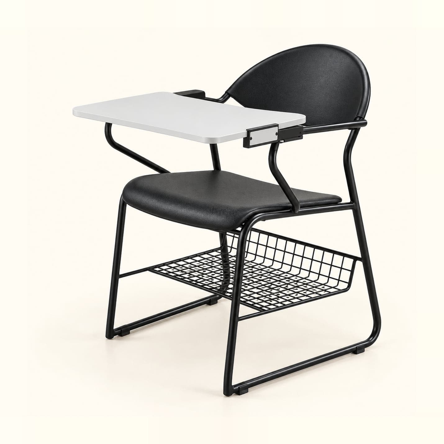Round-Back Tablet Chair with Book Basket in black, front three-quarter view