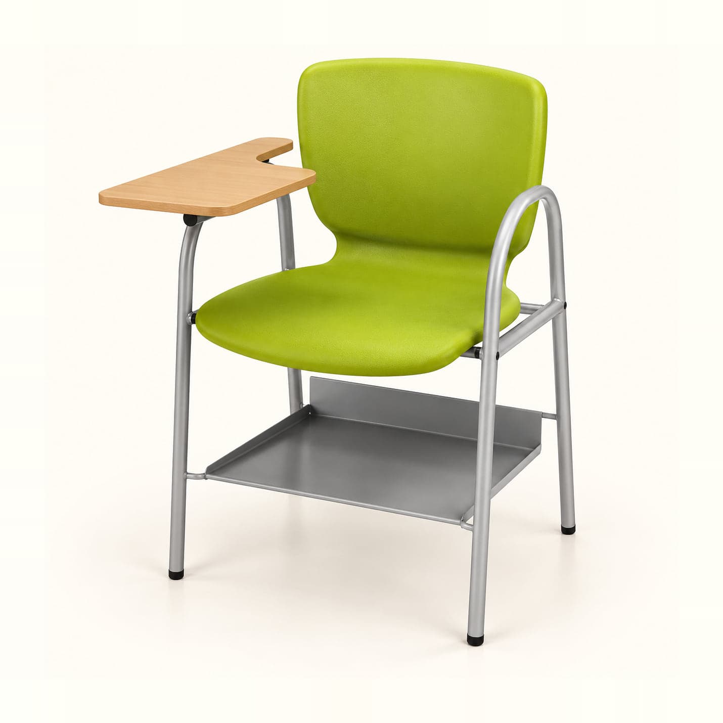 Shell Tablet Chair with Book Shelf in lime green, front three-quarter view
