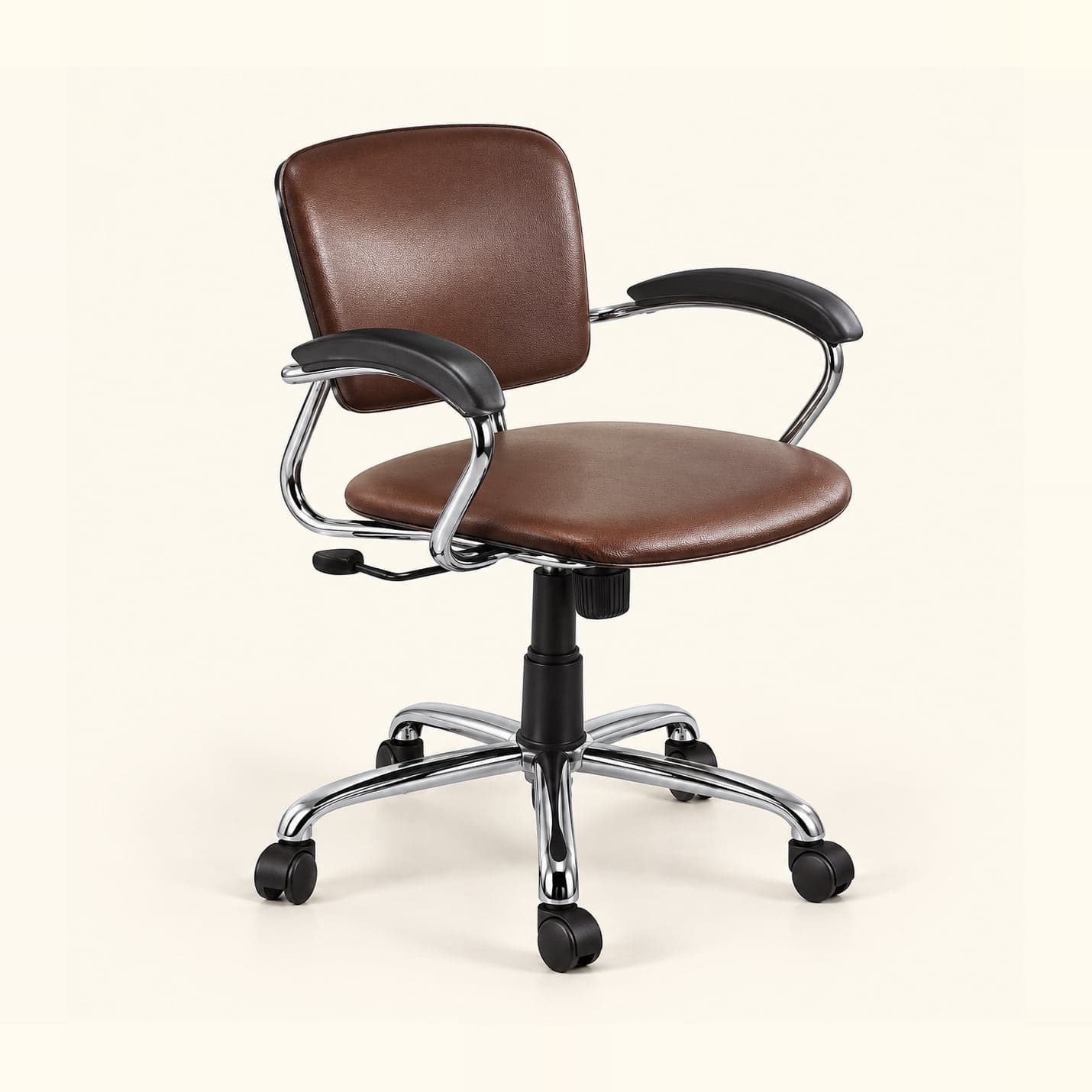 Chrome-Frame Manager Chair in brown, front three-quarter view