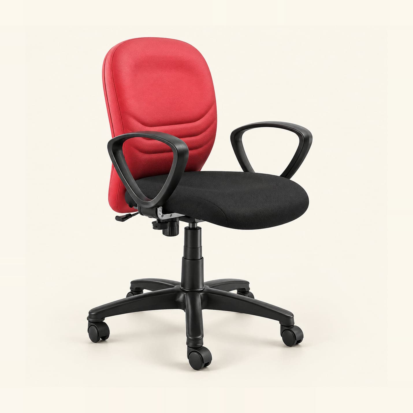 Two-Tone Workstation Chair in red and black fabric, front three-quarter view