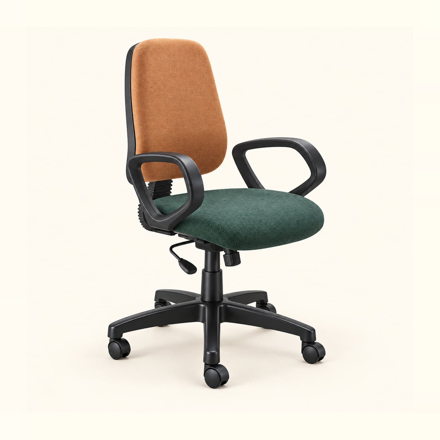 Two-Tone Workstation Chair in camel and teal fabric, front three-quarter view