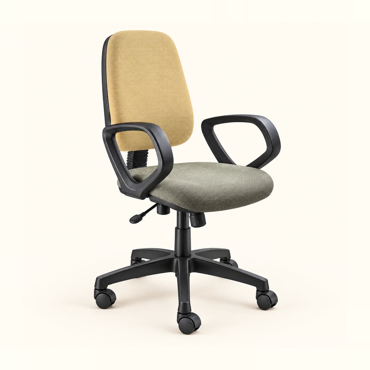 Two-Tone Workstation Chair in beige and olive fabric, front three-quarter view