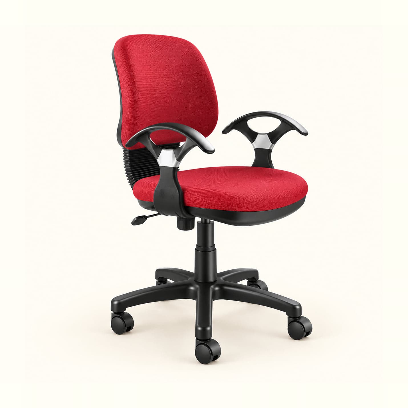 T-Arm Workstation Chair in red fabric, front three-quarter view