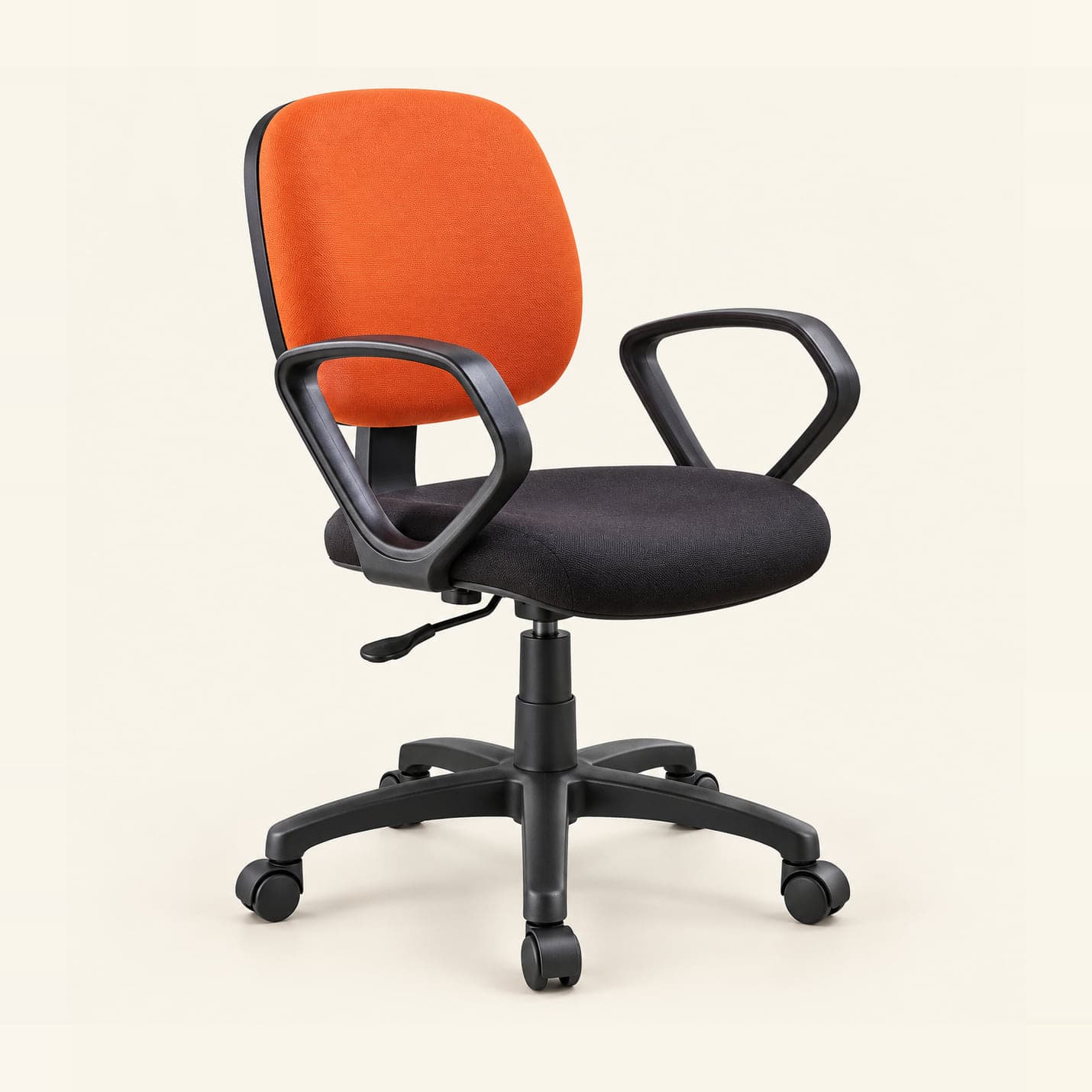 Two-Tone Workstation Chair in orange and black fabric, front three-quarter view