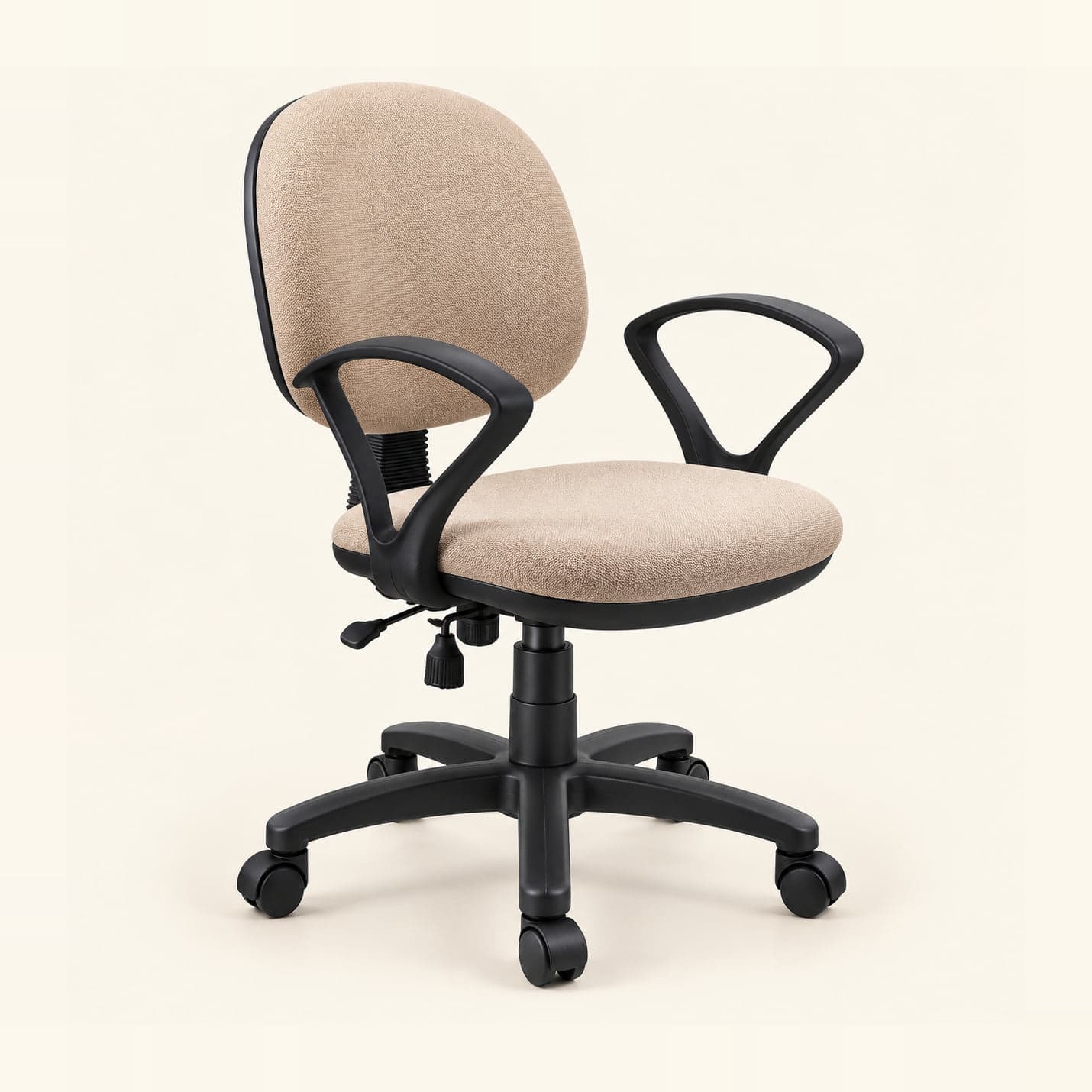 Round-Back Workstation Chair in beige fabric, front three-quarter view