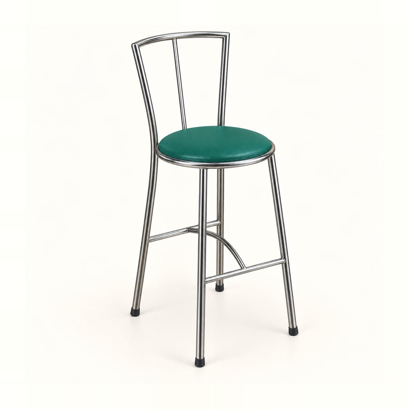 Steel Bar Stool with Round Seat, Teal in steel finish with a teal seat, front three-quarter view