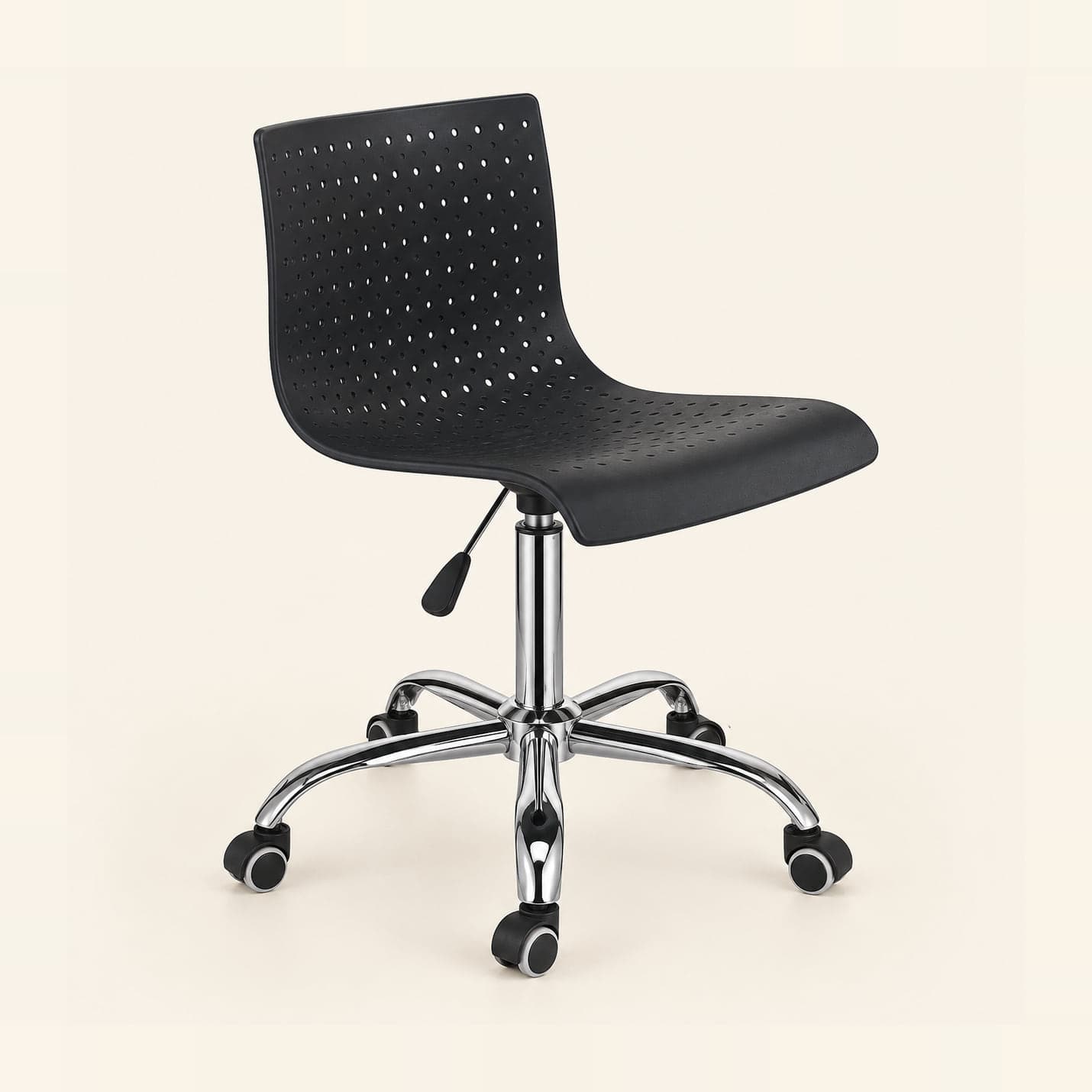 Perforated Swivel Stool on Castors, Black in black, front three-quarter view