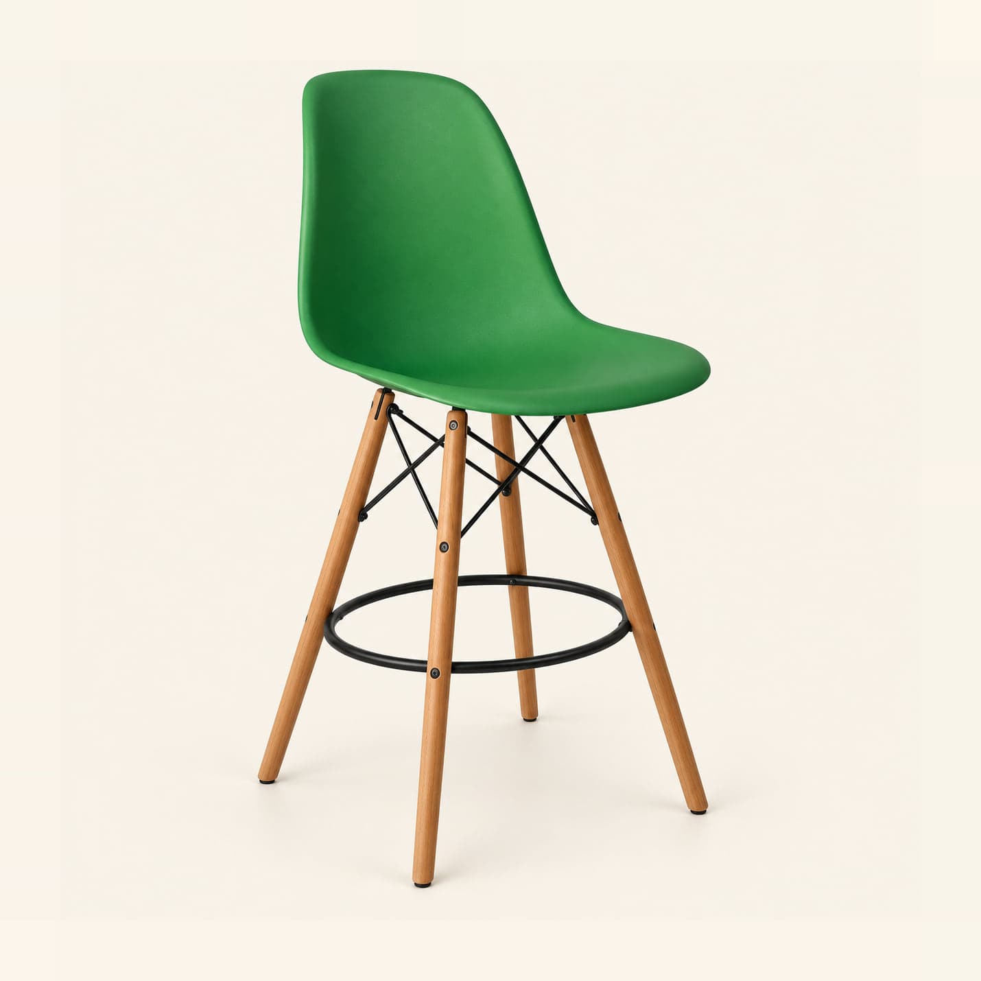 Shell Bar Stool with Wooden Legs, Green in green, front three-quarter view