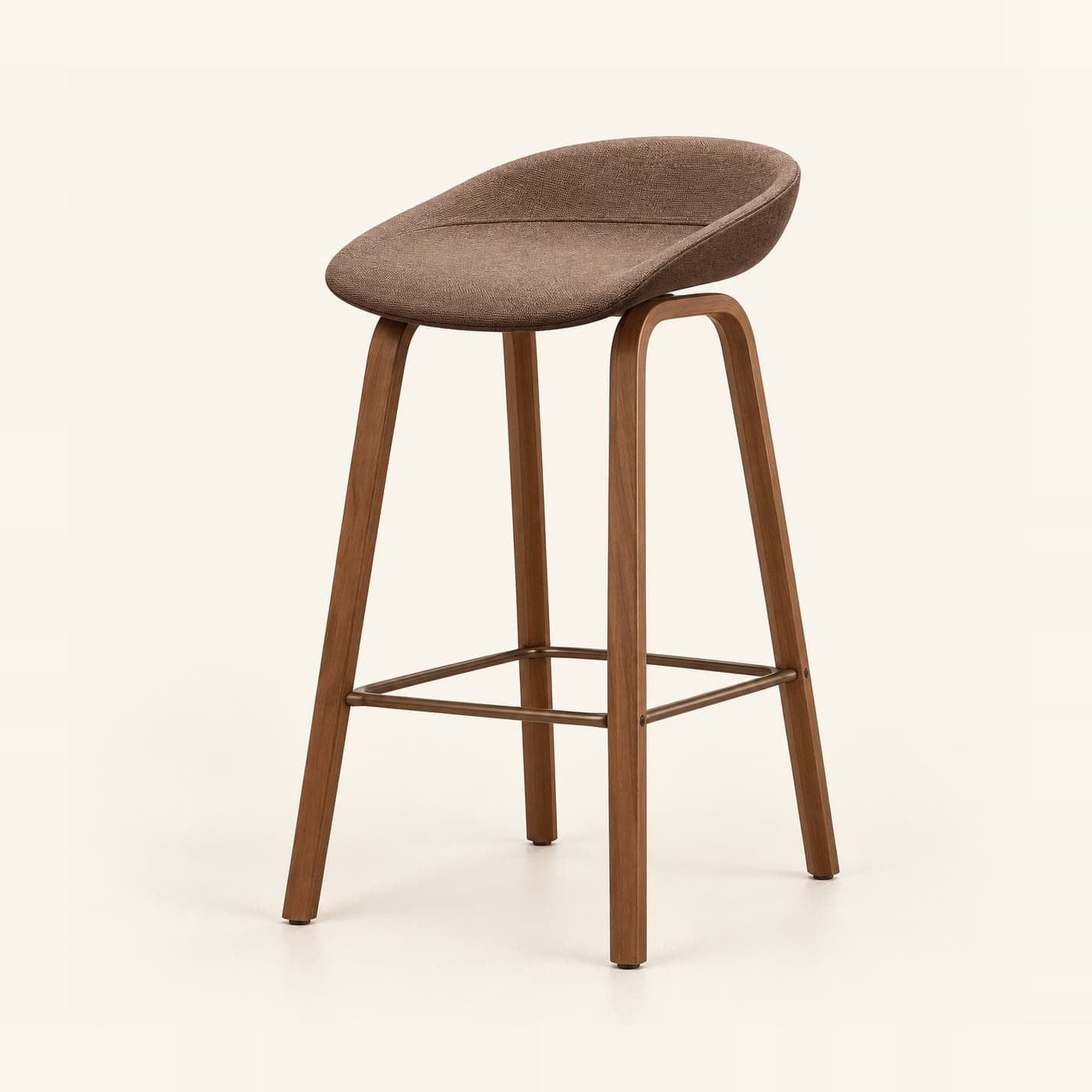 Upholstered Bar Stool, Brown in brown fabric, front three-quarter view