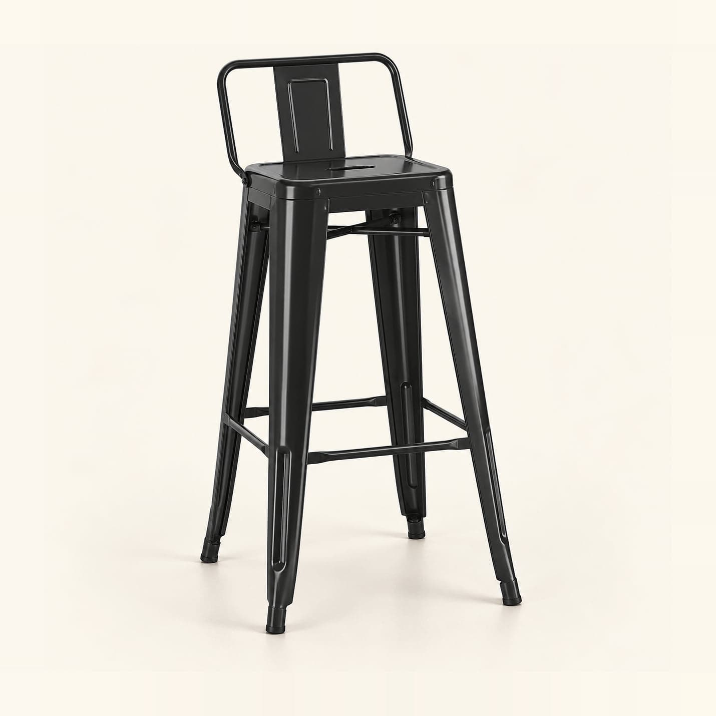 Industrial Bar Stool with Low Back, Black in black, front three-quarter view
