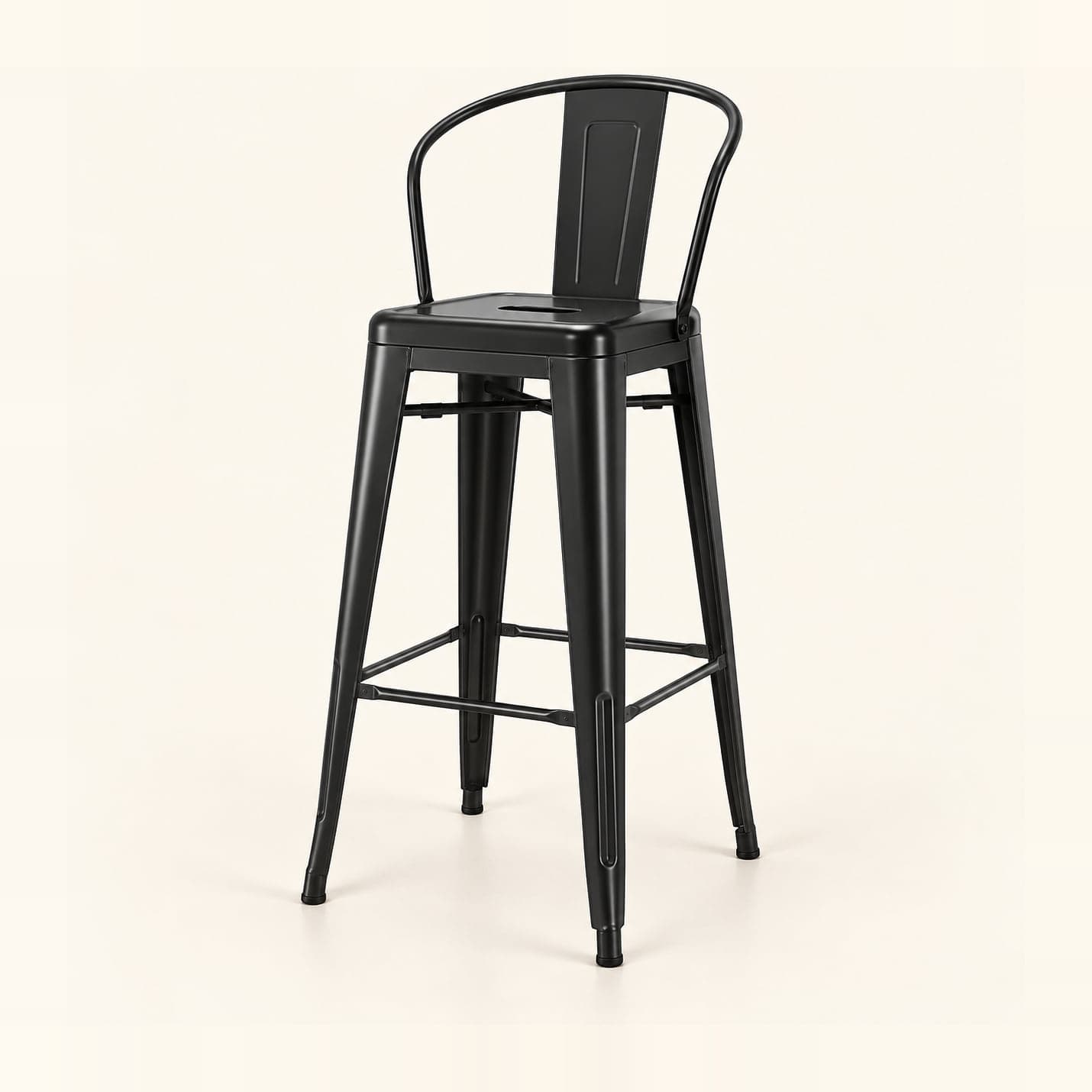 Industrial Bar Stool with Curved Back, Black in black, front three-quarter view