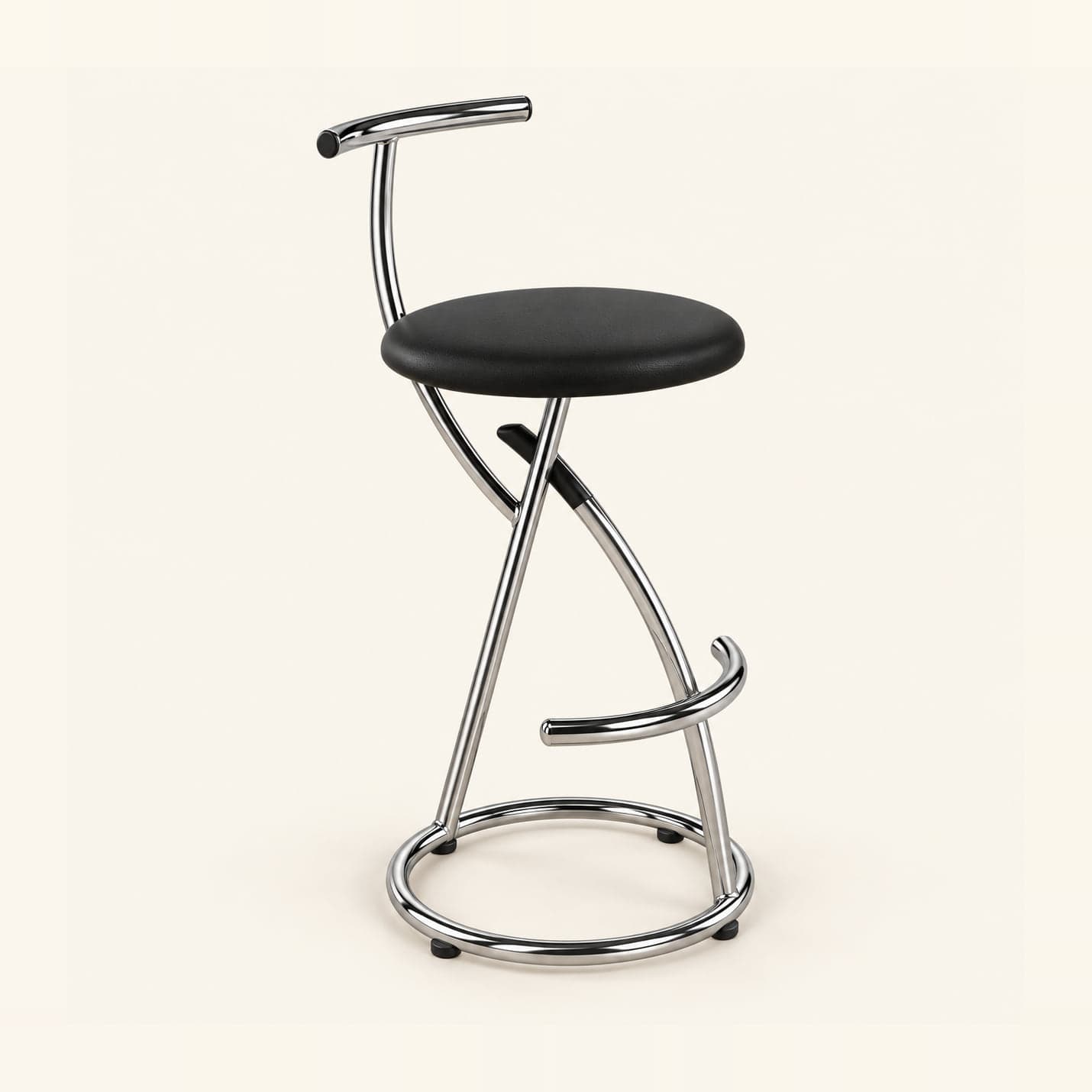 Spiral-Frame Bar Stool in chrome finish with a black seat, front three-quarter view