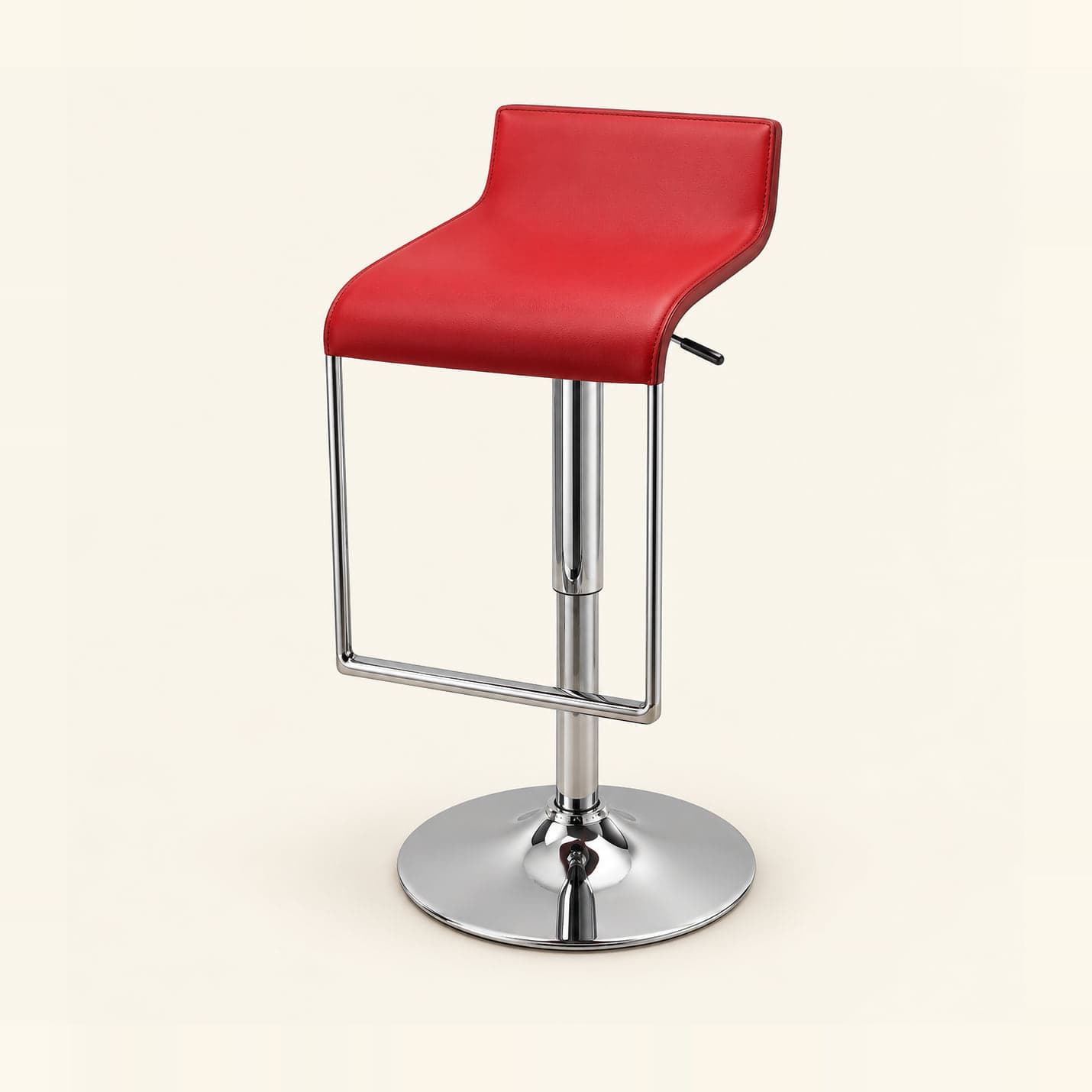 Gas-Lift Bar Stool with Footrest Frame, Red in red leatherette, front three-quarter view