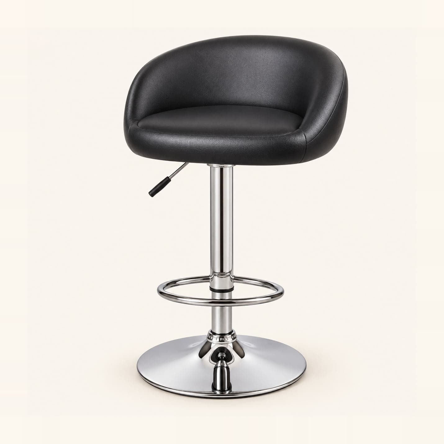 Gas-Lift Tub Bar Stool, Black in black leatherette, front three-quarter view