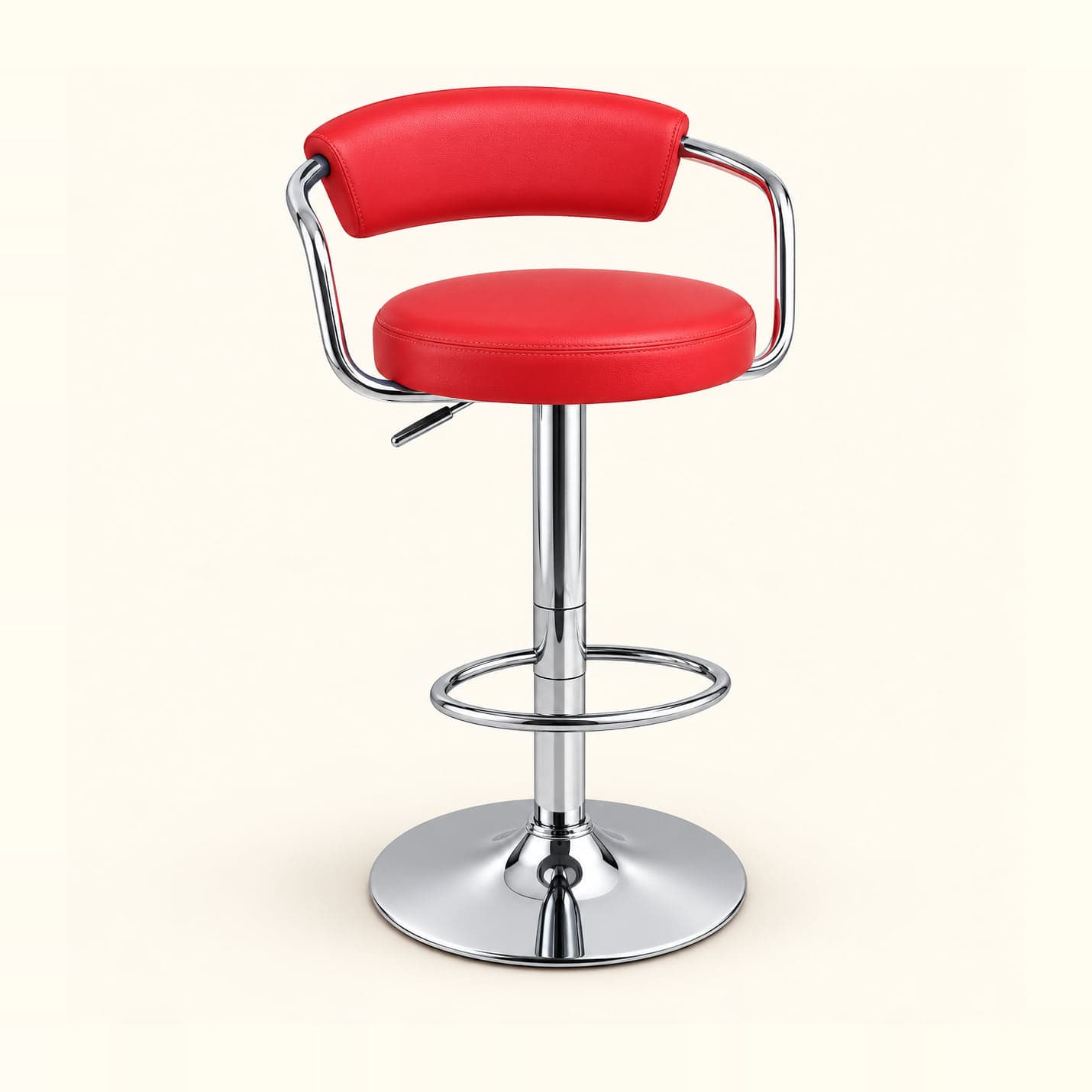 Gas-Lift Bar Stool with Curved Back, Red in red leatherette, front three-quarter view