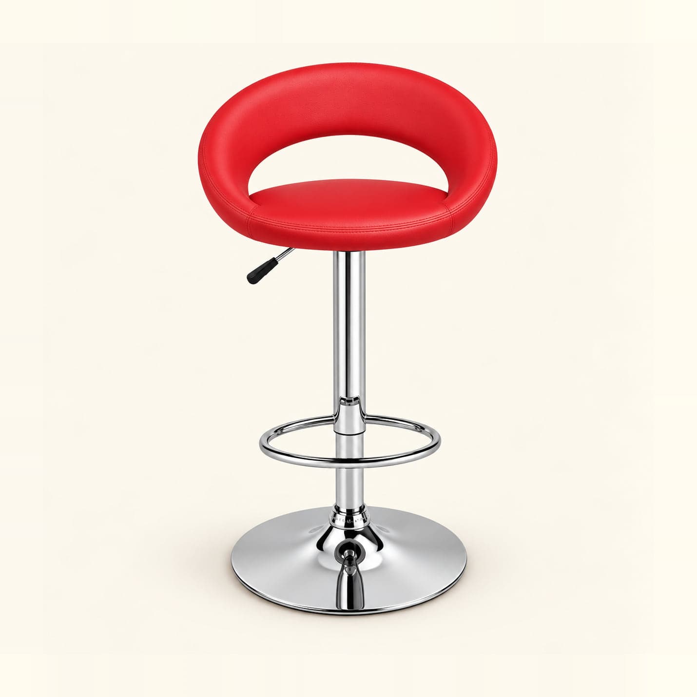 Gas-Lift Bar Stool with Ring Back, Red in red leatherette, front three-quarter view