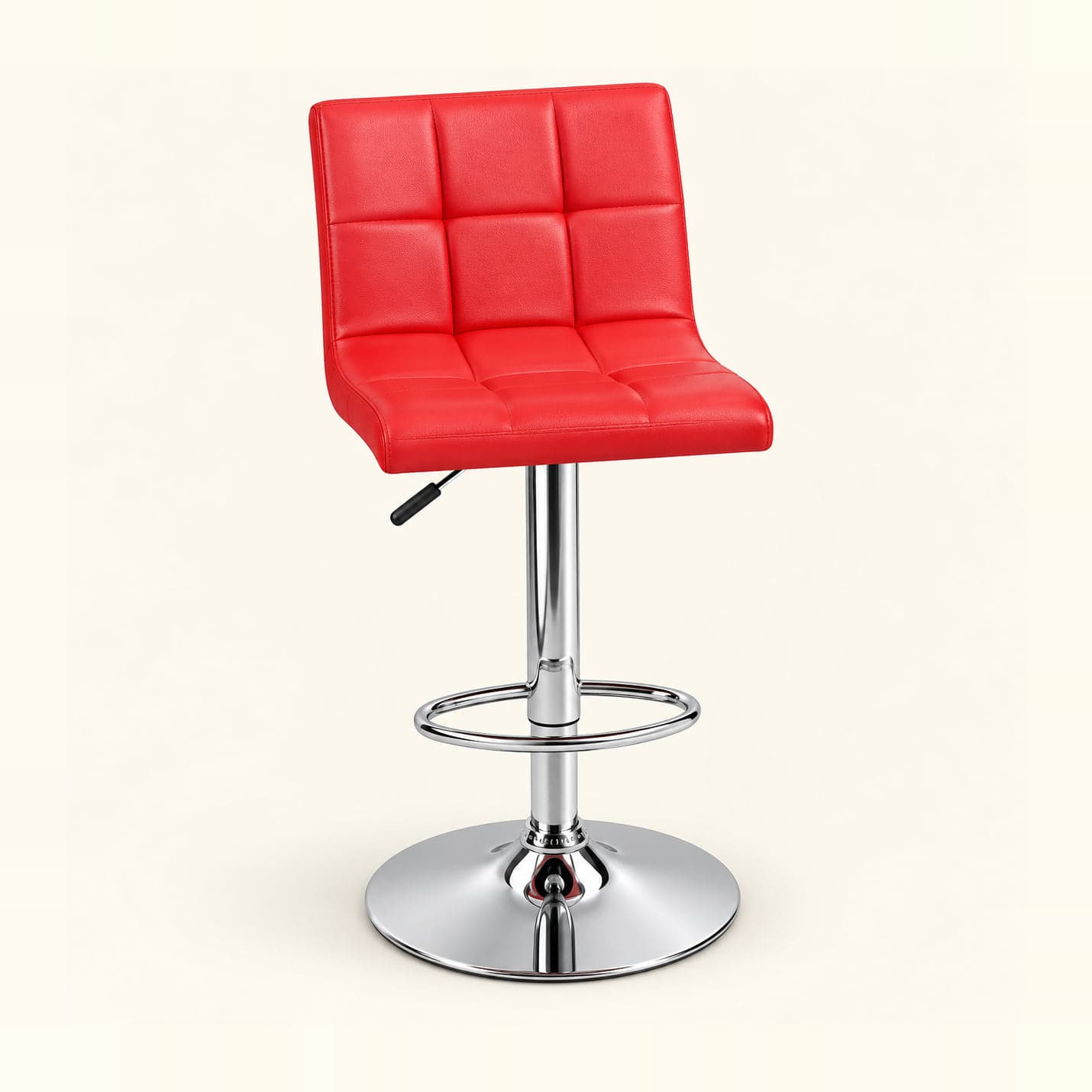 Quilted Gas-Lift Bar Stool, Red in red leatherette, front three-quarter view