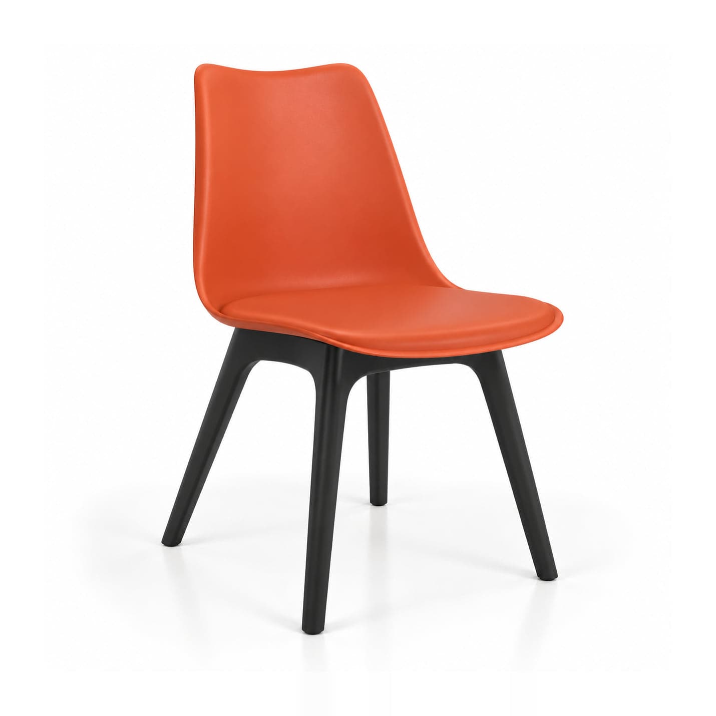 Cushioned Shell Chair on Black Legs, Orange in orange, front three-quarter view