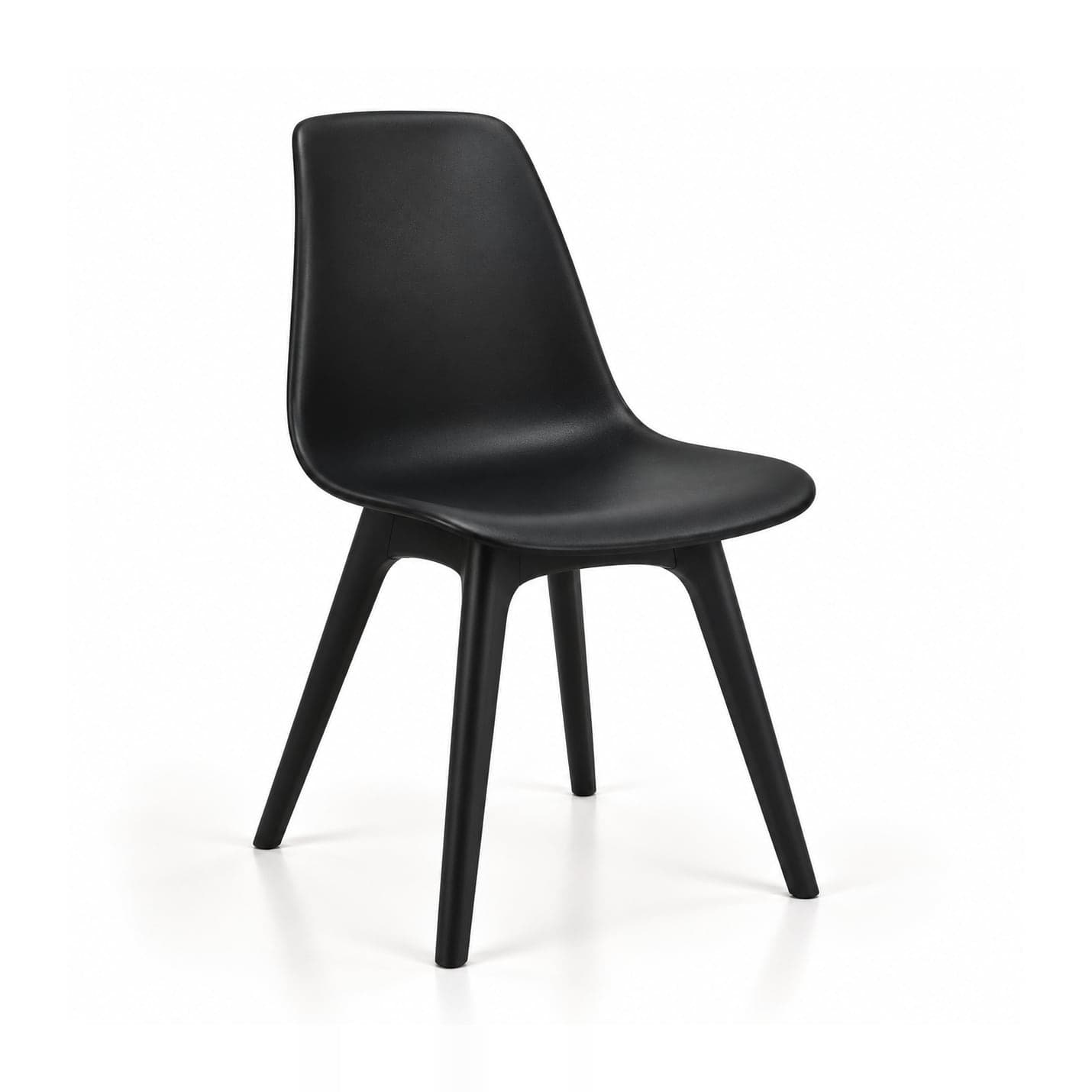 Cushioned Shell Chair on Black Legs, Black in black, front three-quarter view
