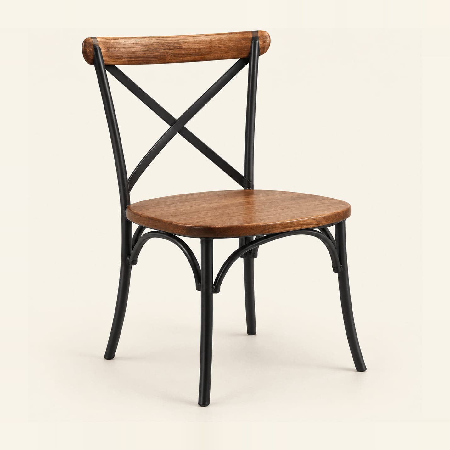 Cross-Back Bistro Chair in black metal and wood finish, front three-quarter view